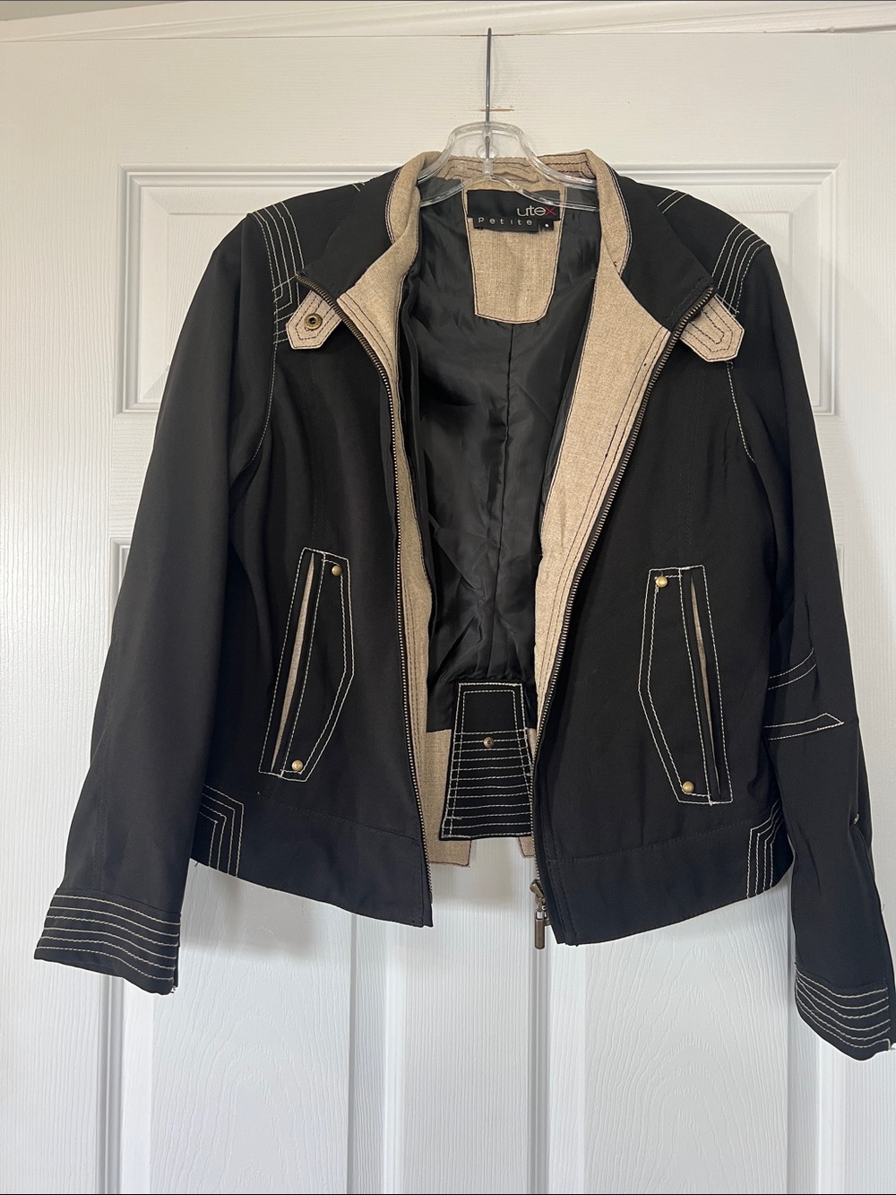 Utex Black Bomber Jacket with Beige Contrast Trim